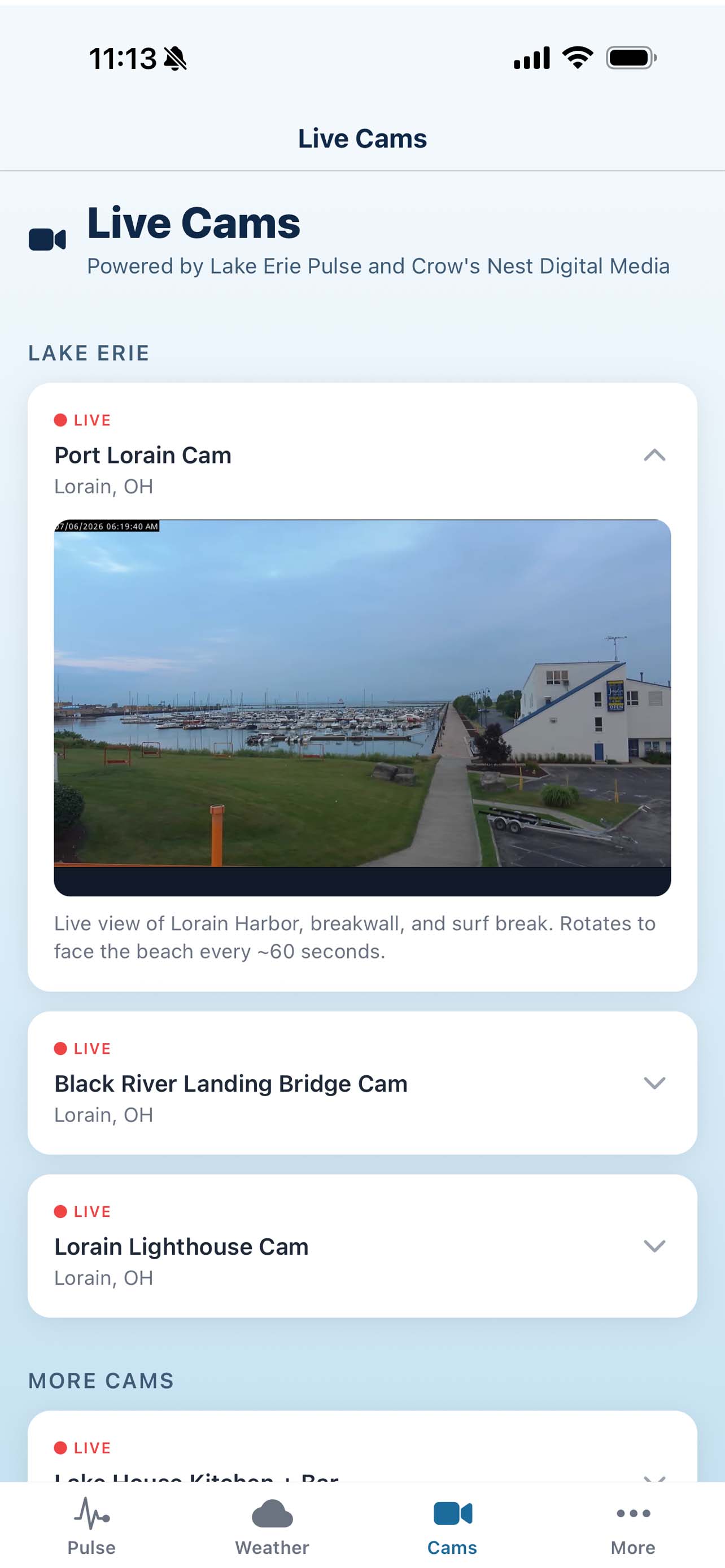 Live Lake Erie harbor cams in the Lake Erie Pulse app